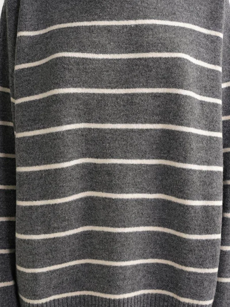 Mixray Dark Grey Striped Crew Neck Relaxed Knit Pullover Sweater for Women | Best Price UAE