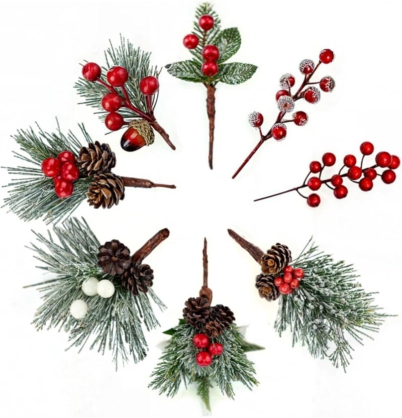 40 Artificial Pine Picks with Red Berries & Pinecones, Frosted Holiday Floral Stems for Christmas Decor, Vase & Tree Arrangements - Image 1