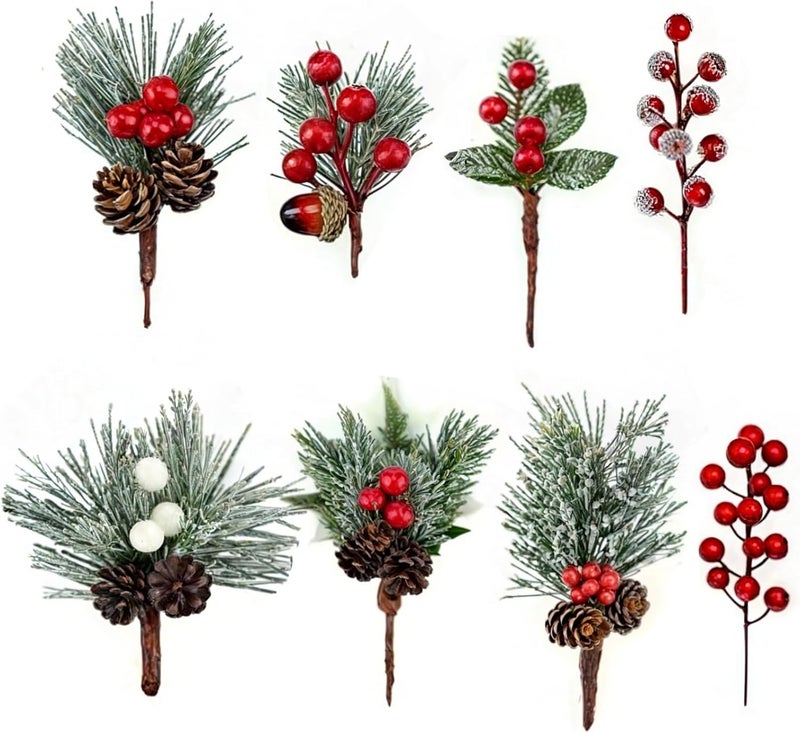 40 Artificial Pine Picks with Red Berries & Pinecones, Frosted Holiday Floral Stems for Christmas Decor, Vase & Tree Arrangements - Image 3