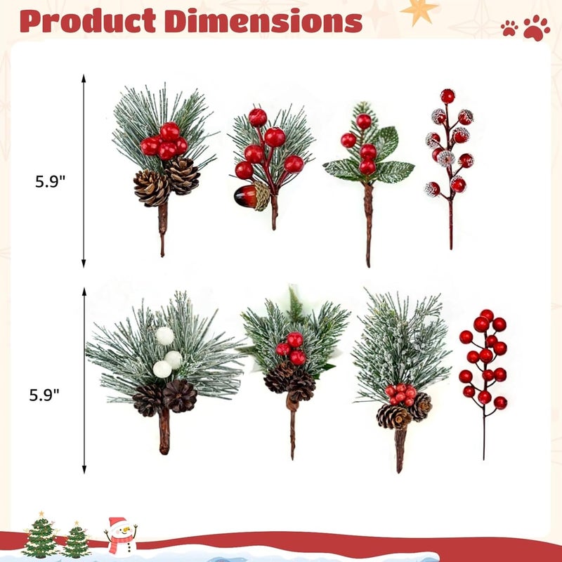 40 Artificial Pine Picks with Red Berries & Pinecones, Frosted Holiday Floral Stems for Christmas Decor, Vase & Tree Arrangements - Image 5