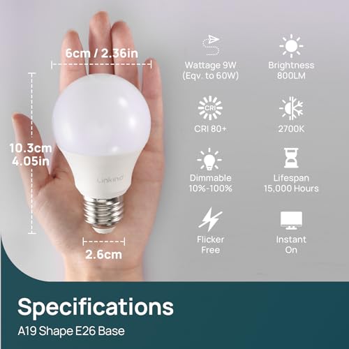 Linkind A19 LED Light Bulbs Dimmable, 60W Equivalent, Energy Efficient 9W, 2700K, 800 Lumens, E26 Standard Base, Lighting for Bedroom Living Room Home Office, 6 Packs - Image 2