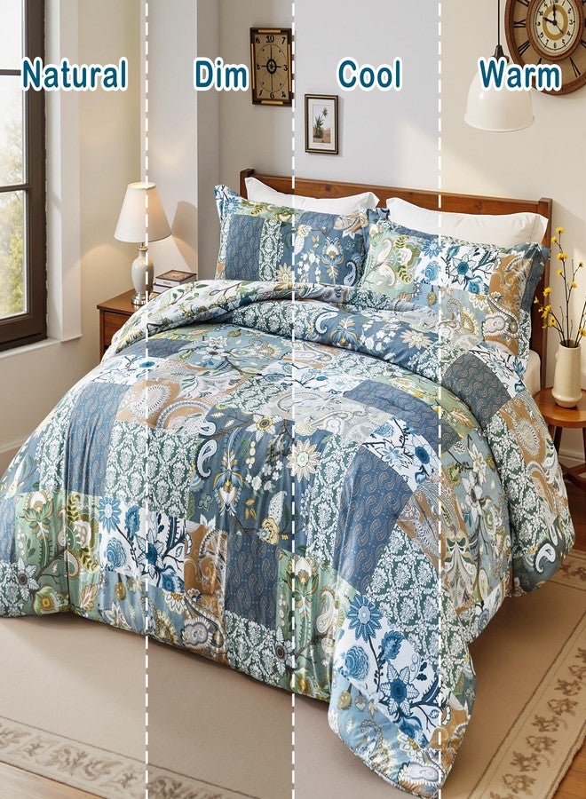 keensoft Boho King Size Comforter Set - 3 Piece Patchwork Vintage Soft Bedding Farmhouse Reversible Sage Green Bed Set for All Season, 1 Lightweight Comforter (104"x90") and 2 Pillow Shams (20"x36") - Image 5
