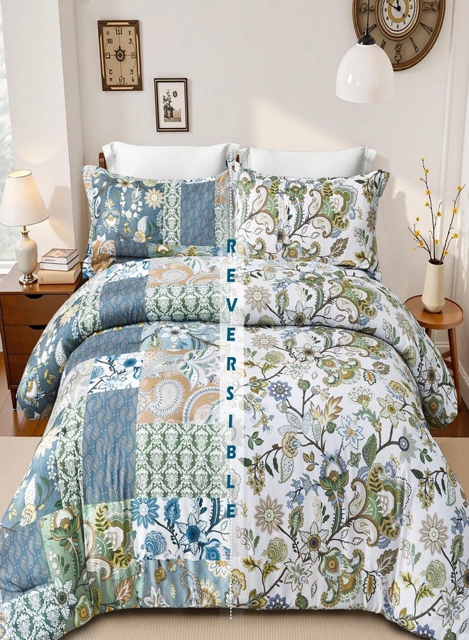 keensoft Boho King Size Comforter Set - 3 Piece Patchwork Vintage Soft Bedding Farmhouse Reversible Sage Green Bed Set for All Season, 1 Lightweight Comforter (104"x90") and 2 Pillow Shams (20"x36") - Image 2