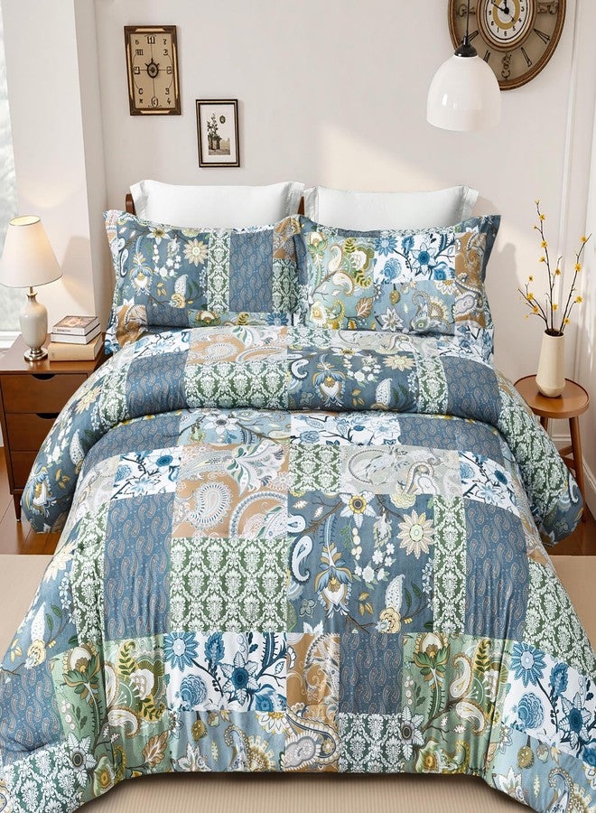 keensoft Boho King Size Comforter Set - 3 Piece Patchwork Vintage Soft Bedding Farmhouse Reversible Sage Green Bed Set for All Season, 1 Lightweight Comforter (104"x90") and 2 Pillow Shams (20"x36") - Image 1