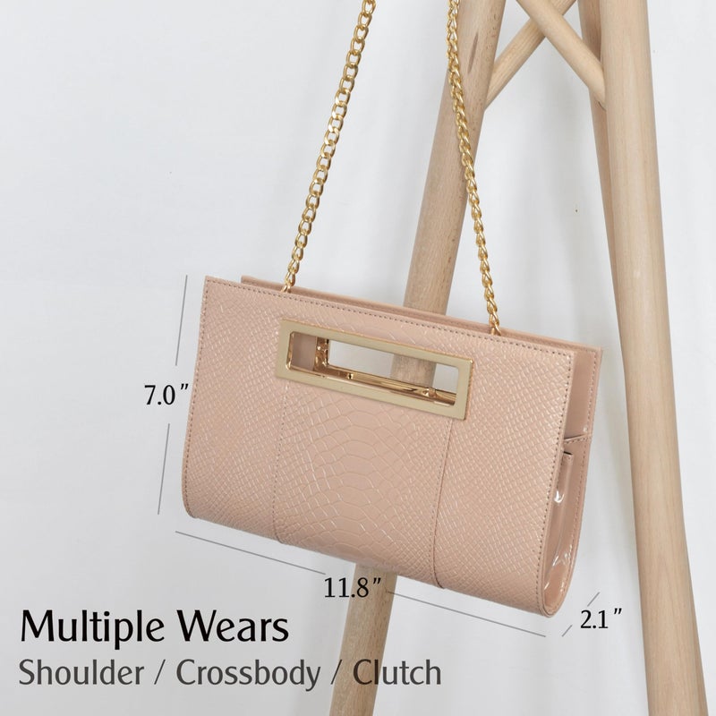 HOXIS Classic Crocodile Pattern Faux Patent Leather Metal Grip Cut it out Clutch with Shoulder Strap Womens Handbag (Nude-Pink) - Image 3