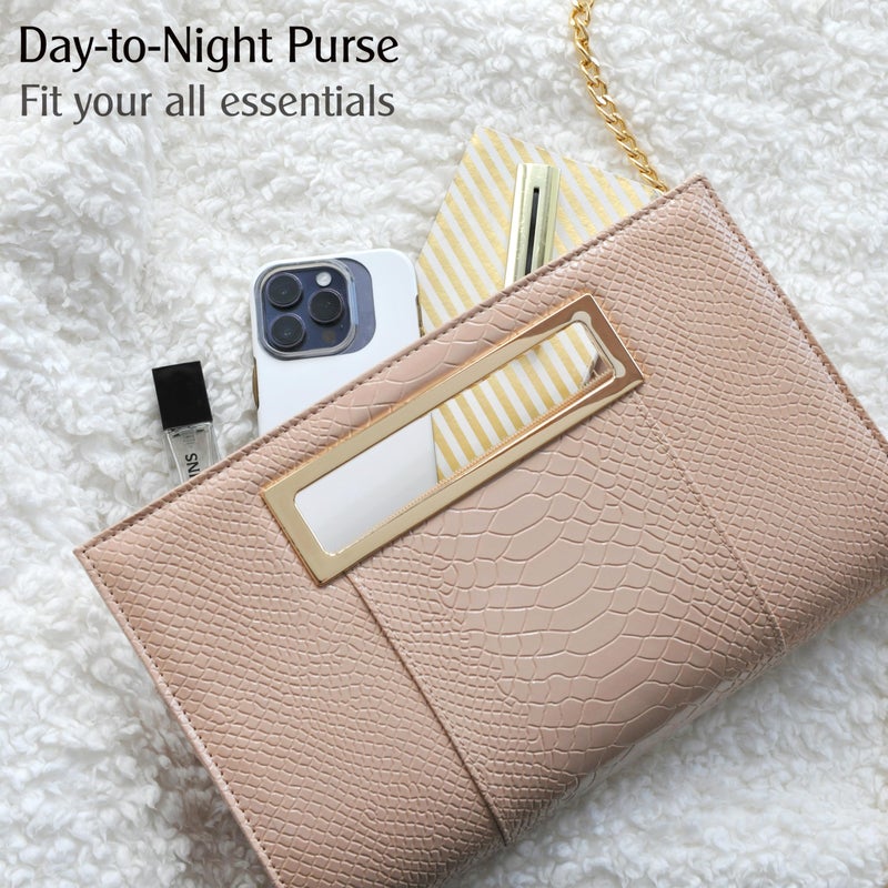 HOXIS Classic Crocodile Pattern Faux Patent Leather Metal Grip Cut it out Clutch with Shoulder Strap Womens Handbag (Nude-Pink) - Image 4