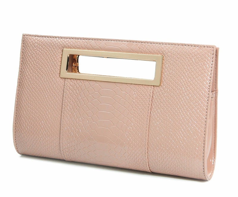 HOXIS Classic Crocodile Pattern Faux Patent Leather Metal Grip Cut it out Clutch with Shoulder Strap Womens Handbag (Nude-Pink) - Image 1