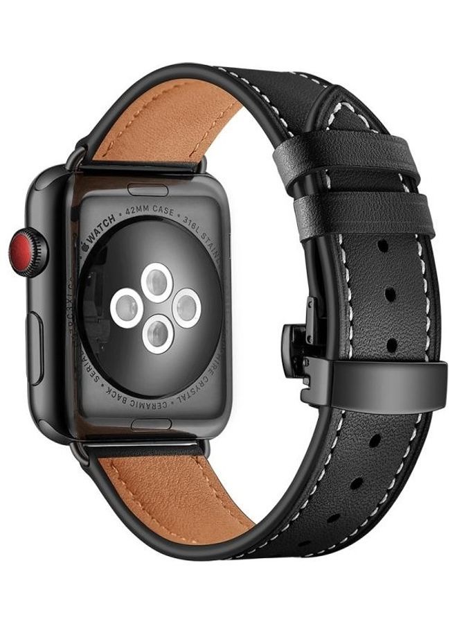 NIBEMINENT Genuine Leather with Butterfly Buckle Replacement Watchbands For Apple Watch Series 7/6/SE/5/4/3/2/1 41/40/38m Black - Image 1