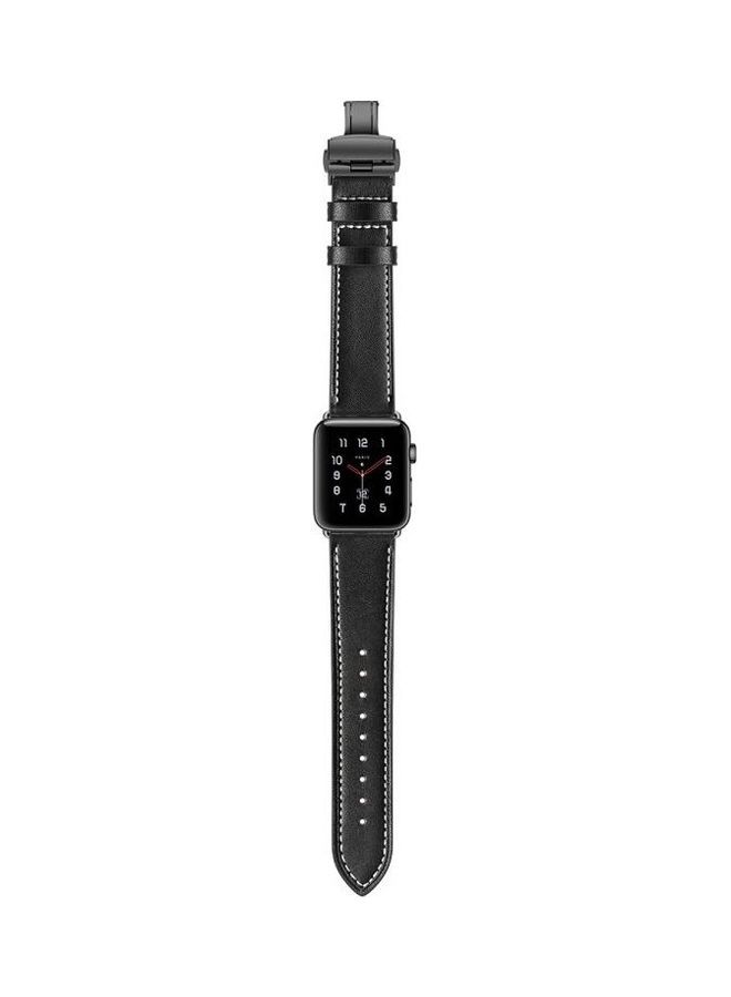 NIBEMINENT Genuine Leather with Butterfly Buckle Replacement Watchbands For Apple Watch Series 7/6/SE/5/4/3/2/1 41/40/38m Black - Image 4