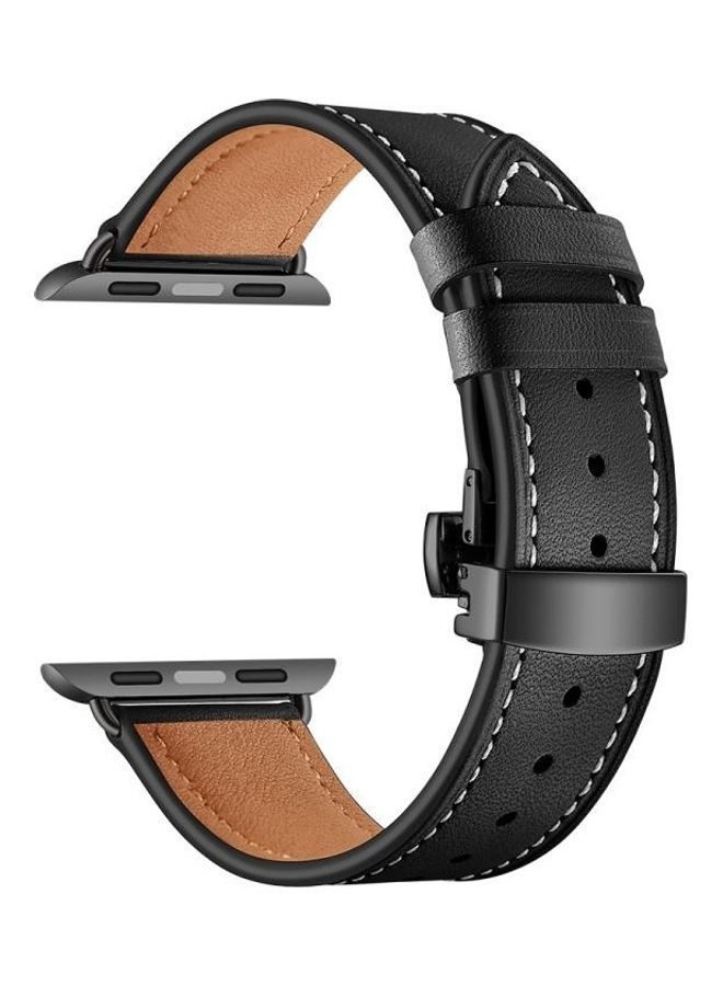 NIBEMINENT Genuine Leather with Butterfly Buckle Replacement Watchbands For Apple Watch Series 7/6/SE/5/4/3/2/1 41/40/38m Black - Image 3