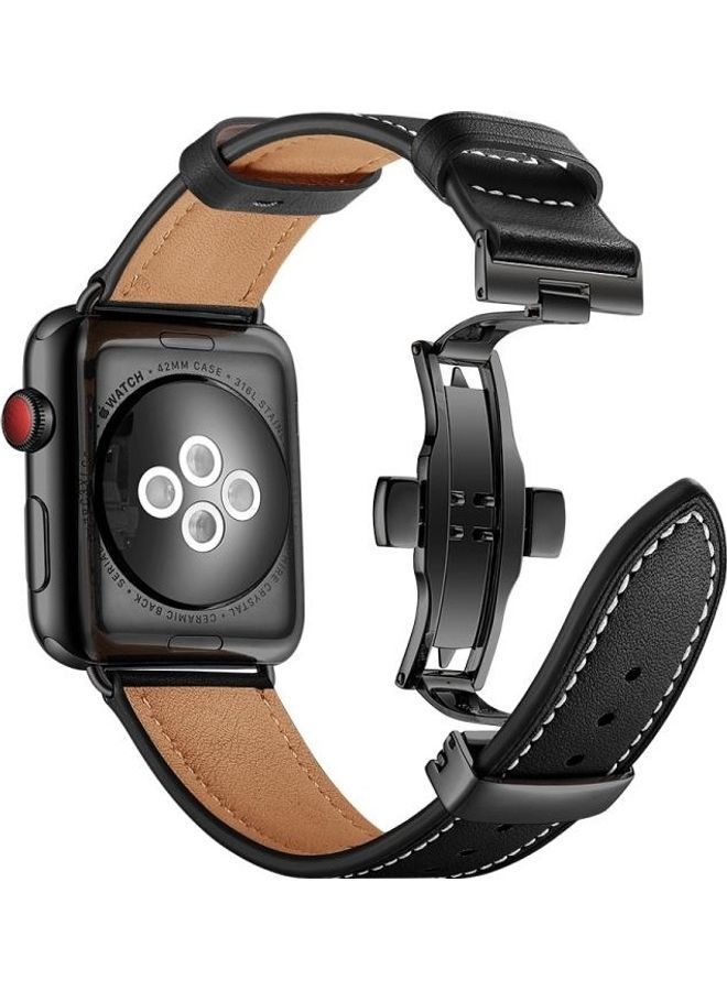 NIBEMINENT Genuine Leather with Butterfly Buckle Replacement Watchbands For Apple Watch Series 7/6/SE/5/4/3/2/1 41/40/38m Black - Image 2