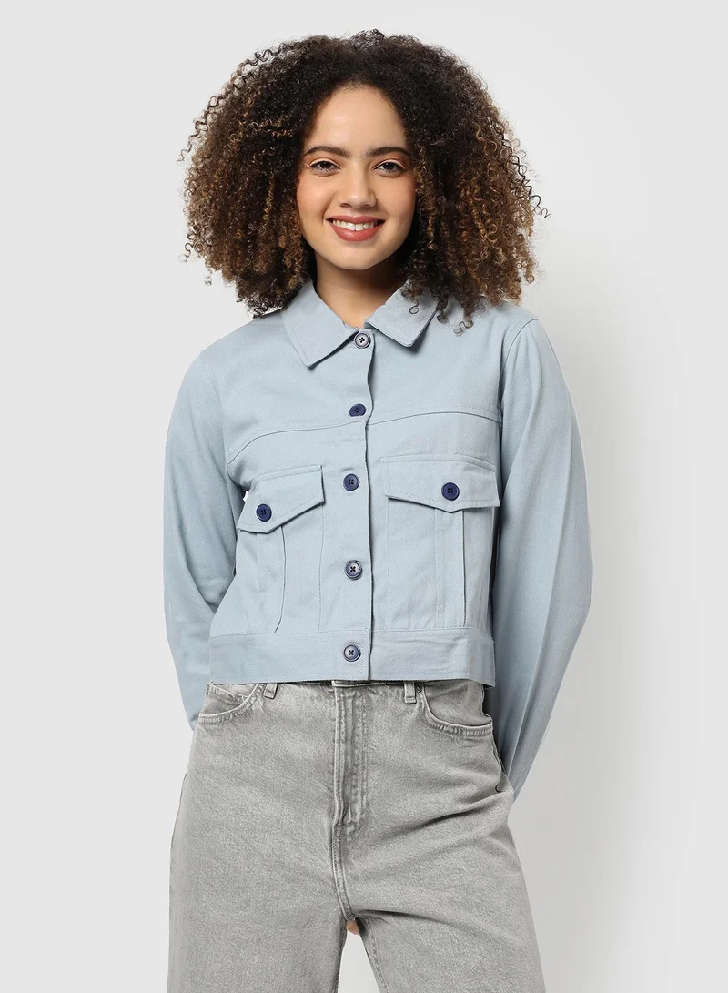 Campus Sutra Women's Light Blue Front-Button Jacket With Flap Pockets For Casual Wear | Spread Collar  | Long Sleeve | Button Closure | Cotton Jacket Crafted With Comfort Fit For Everyday Wear
