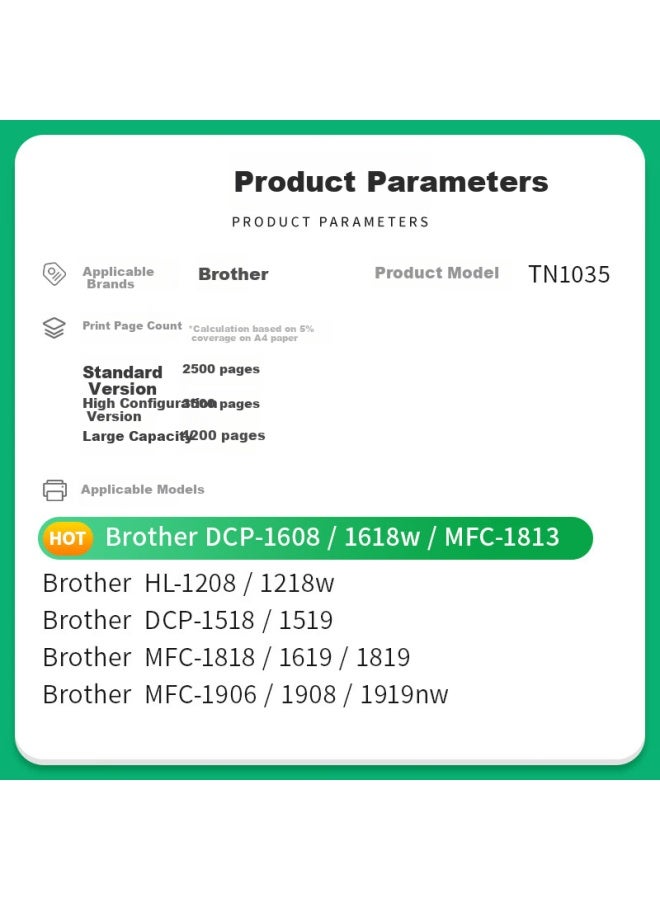Caijin Compatible Toner For Brother Dcp1618w, 1608, Tn1035, Mfc1919nw, 1908, 1906, 1819, 1816, 1813, 1818, 1208, 1218w Universal Printer Toner
