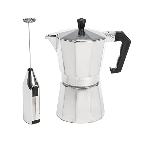 Primula Stovetop Espresso Maker and Handheld Electric Milk Frother Gift Set, Moka Pot for Classic Italian and Cuban Coffee, Cafetera, 6 Espresso Cups, Silver - Image 1