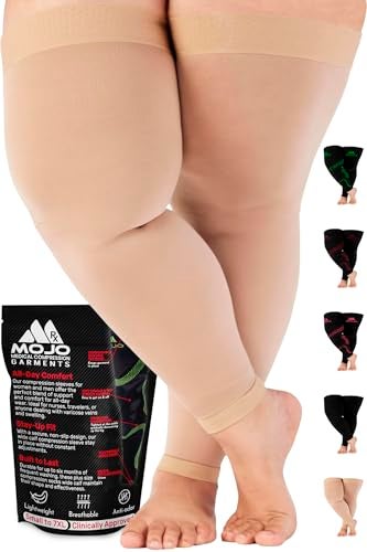 Mojo Compression Socks Plus Size Beige XXL - Thigh-High Leg Sleeve with Grip Top - 20-30mmHg for Post-Thrombotic Syndrome and Venous Insufficiency A609BE5 - 1 Pair - Image 1
