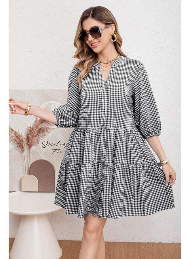 utcoco Women's 2025 Spring Summer Plaid Shirt Dress 3/4 Puff Sleeve Button Down Loose Casual Midi Dress with Pockets, Black, M - Image 2