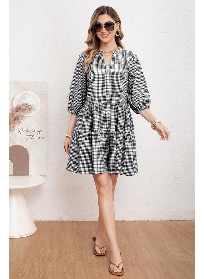 utcoco Women's 2025 Spring Summer Plaid Shirt Dress 3/4 Puff Sleeve Button Down Loose Casual Midi Dress with Pockets, Black, M - Image 4