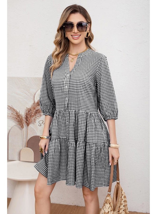 utcoco Women's 2025 Spring Summer Plaid Shirt Dress 3/4 Puff Sleeve Button Down Loose Casual Midi Dress with Pockets, Black, M - Image 5