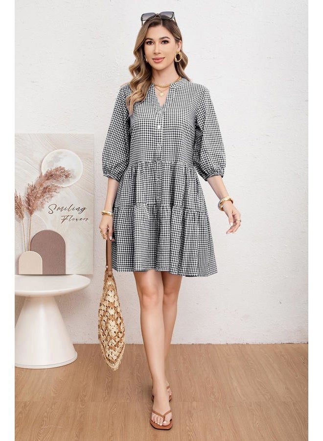 utcoco Women's 2025 Spring Summer Plaid Shirt Dress 3/4 Puff Sleeve Button Down Loose Casual Midi Dress with Pockets, Black, M - Image 3