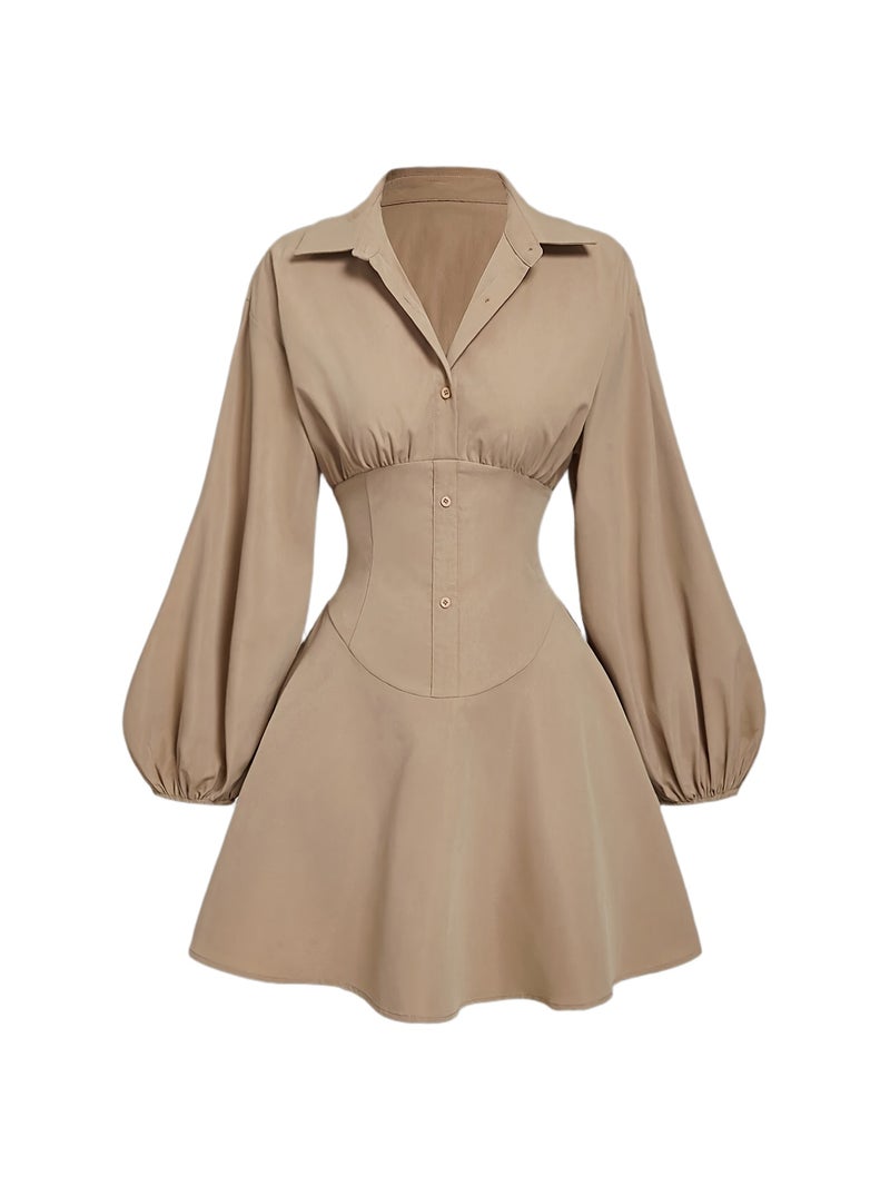 Elegant Long Sleeve Button-Up Dress with Chic Lapel Collar - Polyester, Machine Washable - Perfect for Spring\u002FFall, Floral, Lady's Dress - Image 1