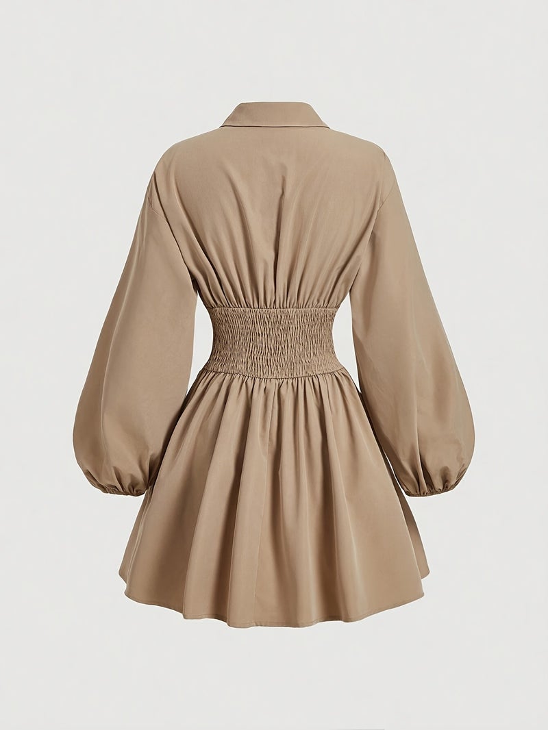 Elegant Long Sleeve Button-Up Dress with Chic Lapel Collar - Polyester, Machine Washable - Perfect for Spring\u002FFall, Floral, Lady's Dress - Image 2