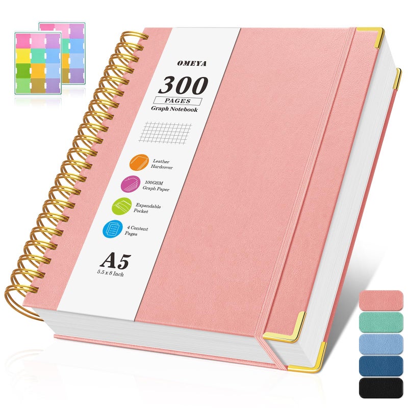 OMEYA Graph Paper Notebook, Spiral Grid Notebook, Hardcover Leather Journal 300 Pages, 100gsm Thick Grid Paper Notebook, A5 Small Graphing Notebook Journal for Women Men Writing Engineering School Work - Image 1