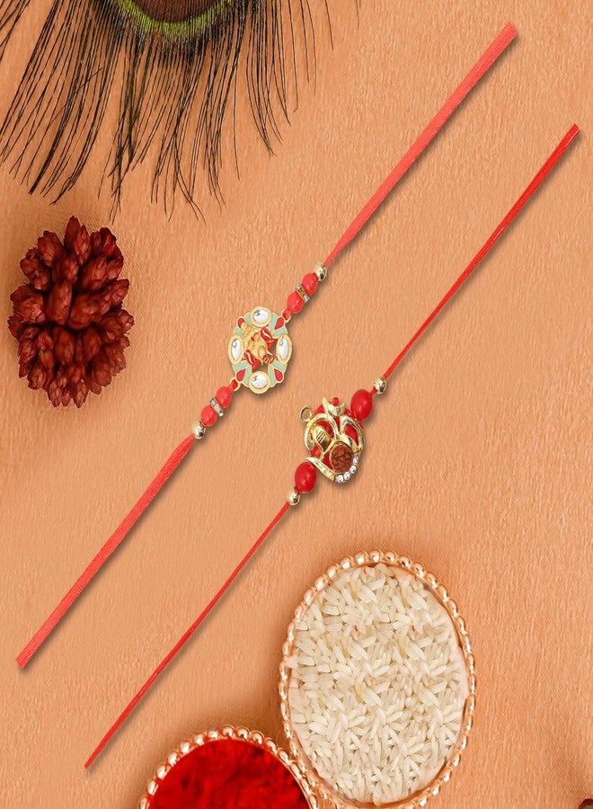 Vientiq Men's Combo Set of 2 Red Thread Rakhi Om Rudraksh & Ganesh Ji Rakhi for Brother Rakshabandhan with Roli & Chawal - Image 3