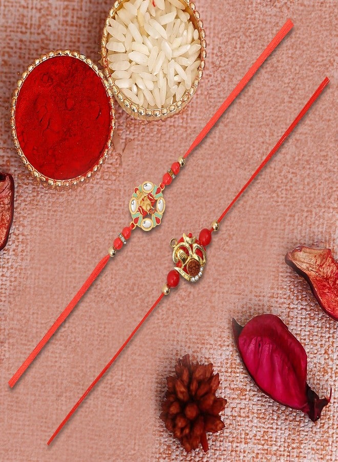 Vientiq Men's Combo Set of 2 Red Thread Rakhi Om Rudraksh & Ganesh Ji Rakhi for Brother Rakshabandhan with Roli & Chawal - Image 2