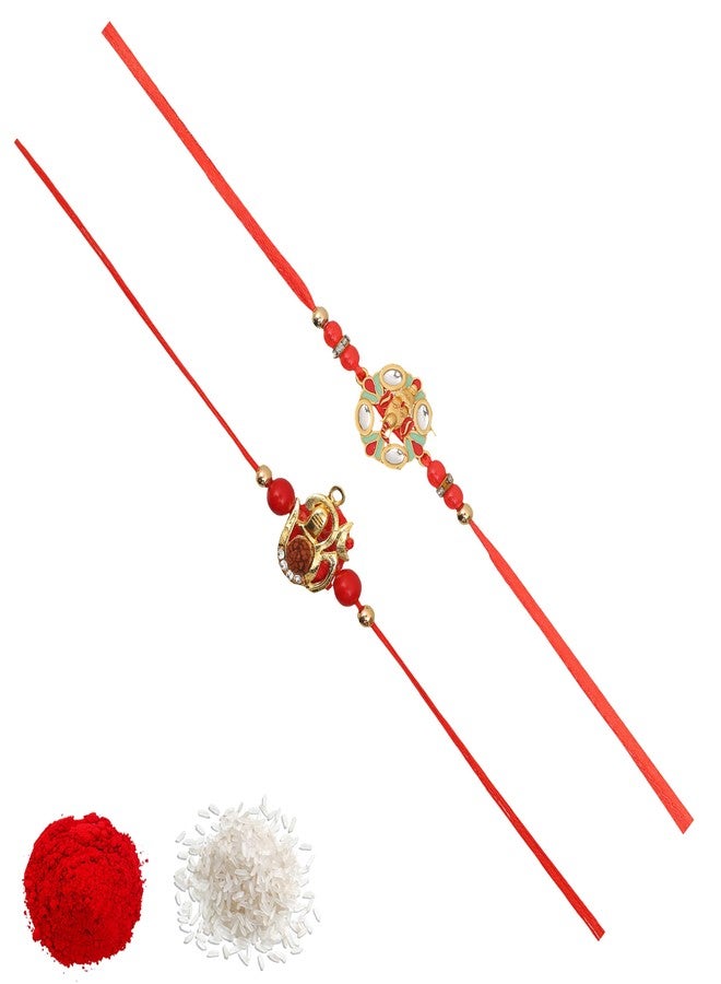 Vientiq Men's Combo Set of 2 Red Thread Rakhi Om Rudraksh & Ganesh Ji Rakhi for Brother Rakshabandhan with Roli & Chawal - Image 1