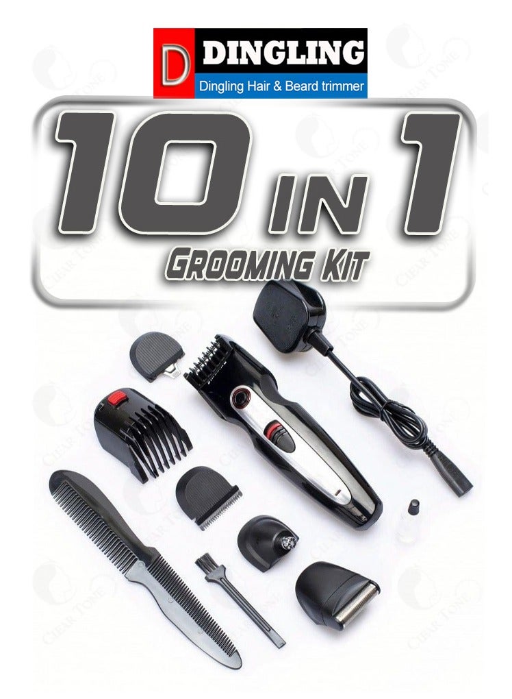 دينجلينج مجموعة دنجلينج RF-687 اللاسلكية للعناية الشخصية 10 في 1 - ماكينة تشذيب شعر احترافية مع ماكينة تشذيب شعر الأذن والأنف، بطاريتين قابلتين للشحن بسعة 600 مللي أمبير/ساعة | استخدام لمدة 45 دقيقة | تقنية شفرة حادة دقيقة | خيارات ضبط اللحية والشارب | هيكل متين ومريح لقبضة مثالية | لون أسود - Image 1