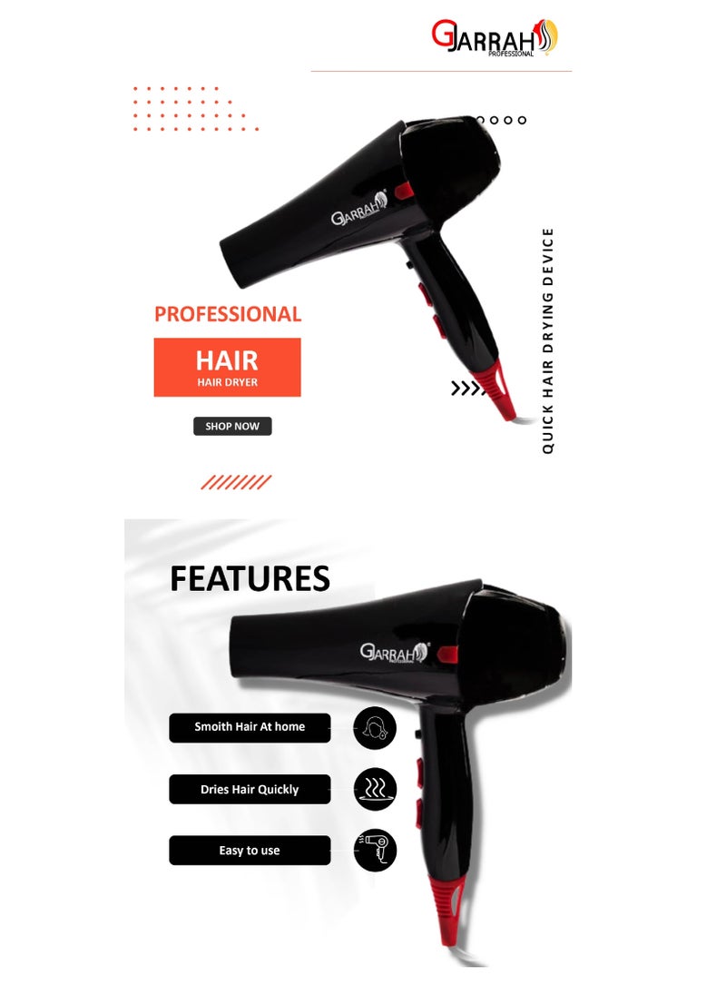 Gjarrah Gjarrah Professional Hair Dryer - Damage Protection, Multiple Settings, Powerful 2400W Black/Red  - Image 4