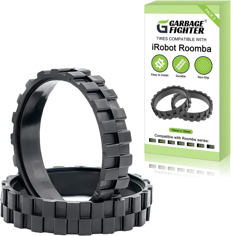 Garbage fighter Tires for Series 500, 600, 700, 800 and 900, e5, e6, i7,Anti-Slip, Great Adhesion and Easy Assembly, Wheel Replacement for All roomba Models (Black 2 Pack) - Image 1