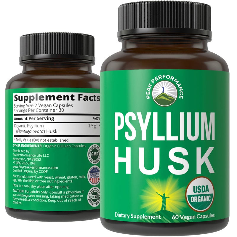 Peak Performance USDA Organic Psyllium Husk Vegan Capsules Made with Organic Psyllium Husk Seed Fiber Supplement for Gut Digestive Prebiotics Pills for Digestion Roughage Without Bloating Tablets