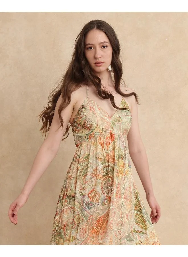 Rareism Rareism Women's Ronat Multi 94% Cotton 6% Lurex Fabric V-Neck Tie-Up Closure Sleeveless Paisley Print Fit And Flare Maxi Dress