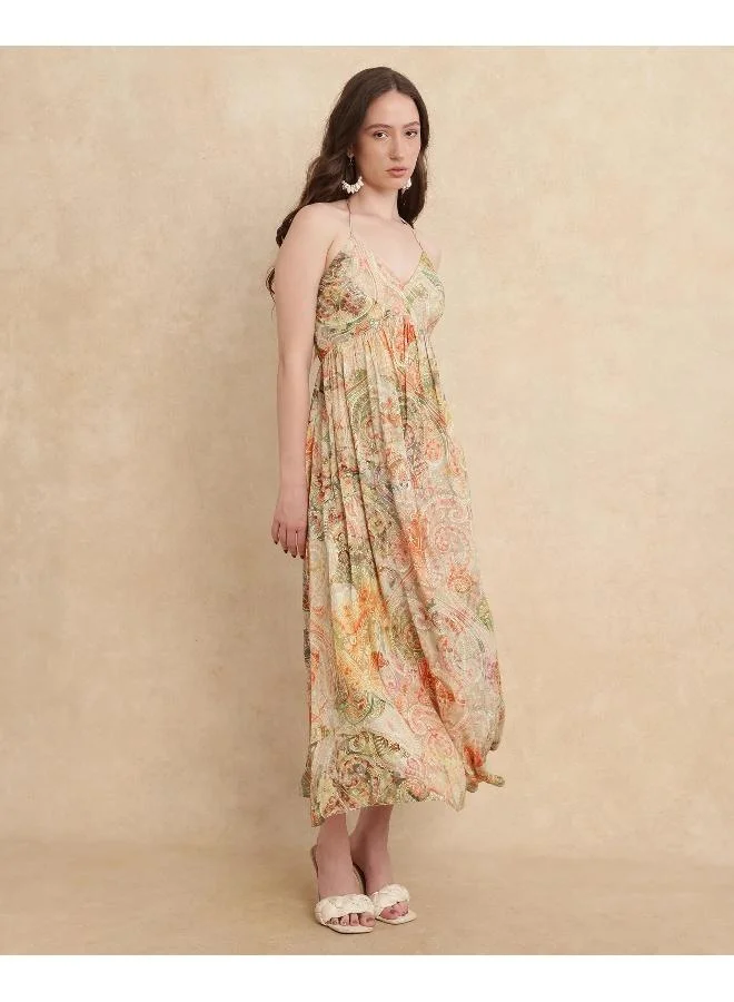 Rareism Rareism Women's Ronat Multi 94% Cotton 6% Lurex Fabric V-Neck Tie-Up Closure Sleeveless Paisley Print Fit And Flare Maxi Dress