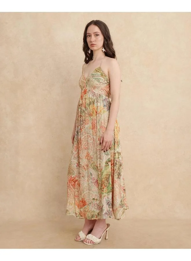 Rareism Rareism Women's Ronat Multi 94% Cotton 6% Lurex Fabric V-Neck Tie-Up Closure Sleeveless Paisley Print Fit And Flare Maxi Dress