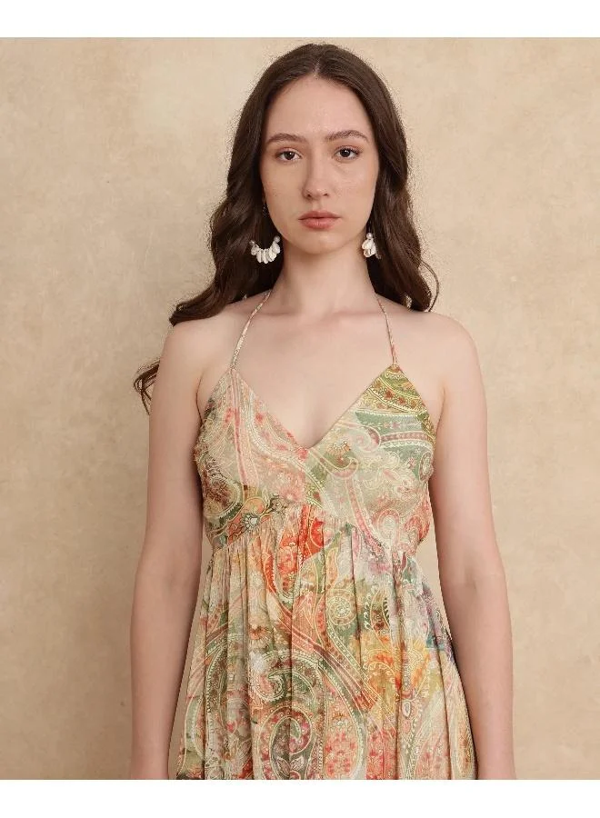 Rareism Rareism Women's Ronat Multi 94% Cotton 6% Lurex Fabric V-Neck Tie-Up Closure Sleeveless Paisley Print Fit And Flare Maxi Dress