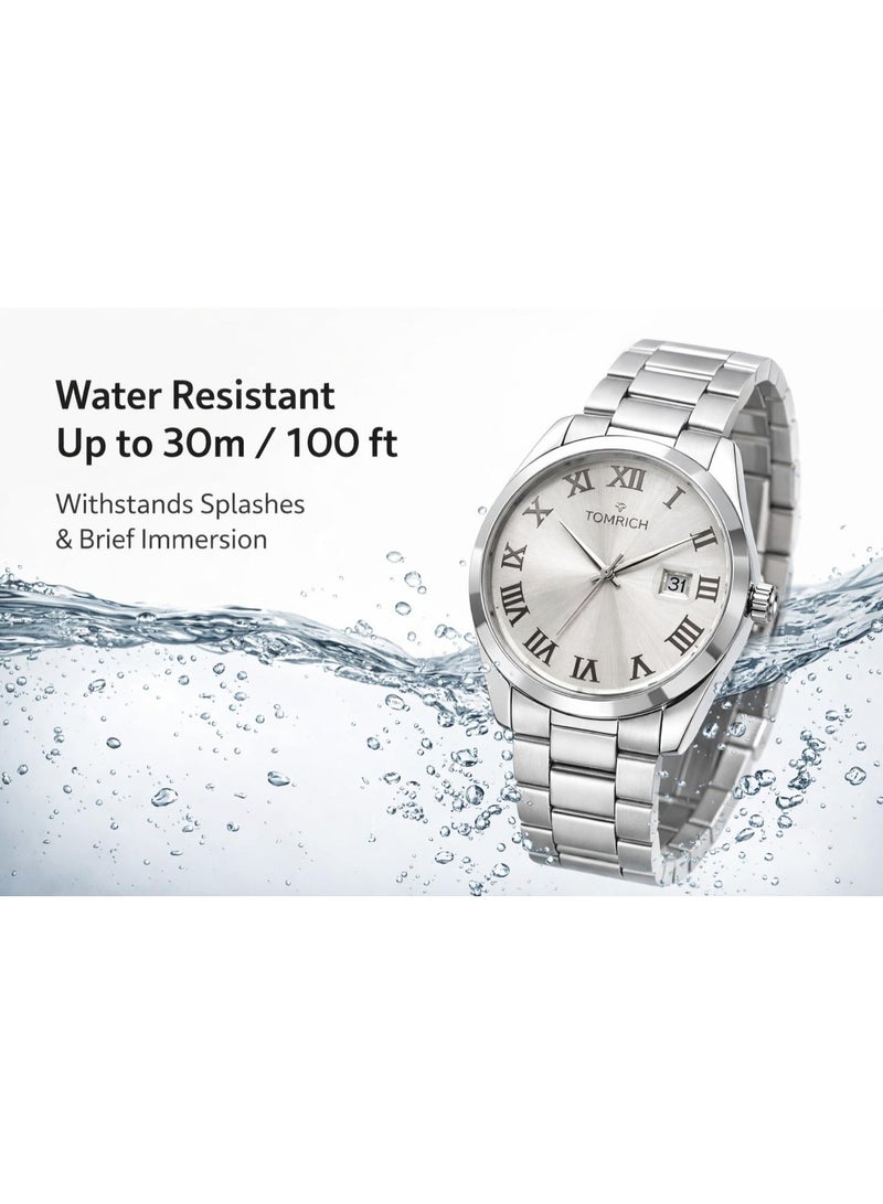 TOMRICH Aurelion Silver Edition Men's Watch – Stainless Steel Bracelet, Roman Numeral Dial, Date Display - Image 4