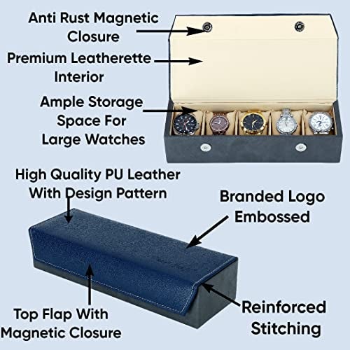 Hard Craft Watch Box Organizer Watch Case Box Organiser Jewelry, Bracelet & Accessories Collection Storage Holder Gift for 5 Slots With Premium Faux Leather Interior & Exterior For Men and Women - Image 4