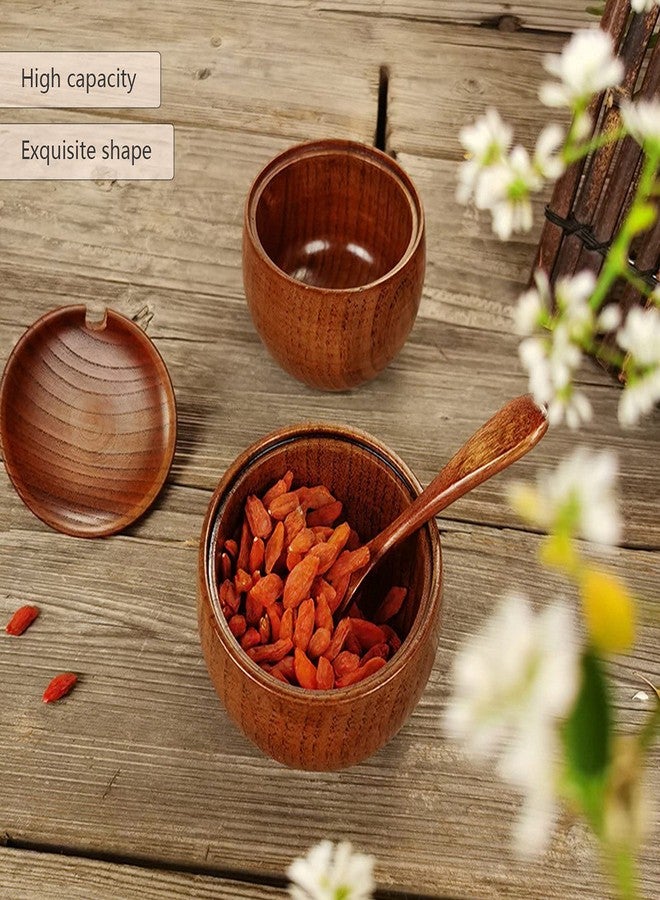 Milltrip 2 Pcs Wood Round Condiment Pot, Spice Box with Spoon and Lid, Sugar Bowl Salt Jar, Seasoning Container Storage for Kitchen - Image 2