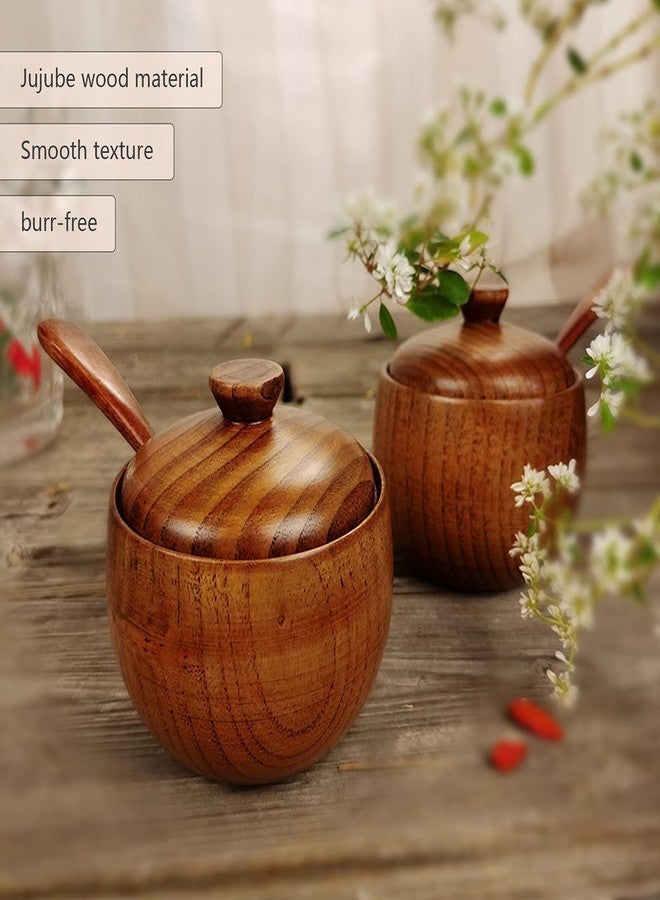 Milltrip 2 Pcs Wood Round Condiment Pot, Spice Box with Spoon and Lid, Sugar Bowl Salt Jar, Seasoning Container Storage for Kitchen - Image 3