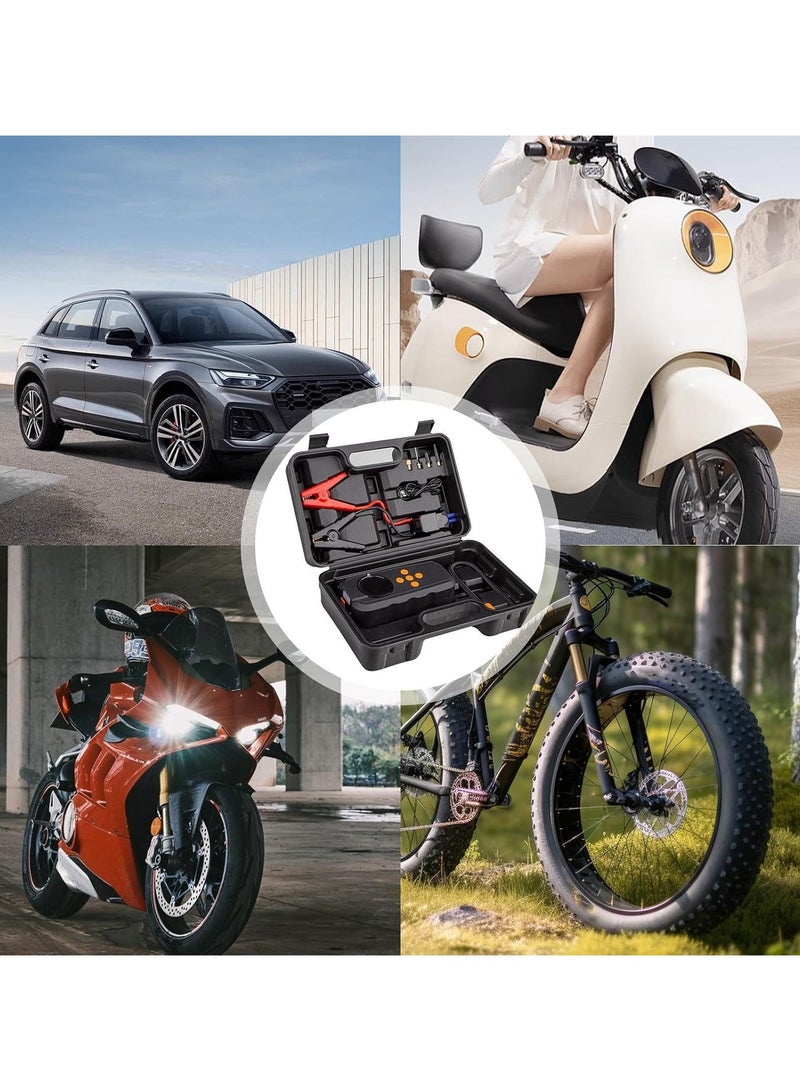 شاحن محمول مزود بإضاءة LED وحزمة طاقة 14.8 فولت لشحن السيارات والدراجات النارية والدراجات الكهربائية - حزمة بطارية خفيفة الوزن وسريعة النفخ لشحن السيارات والدراجات النارية والدراجات الكهربائية