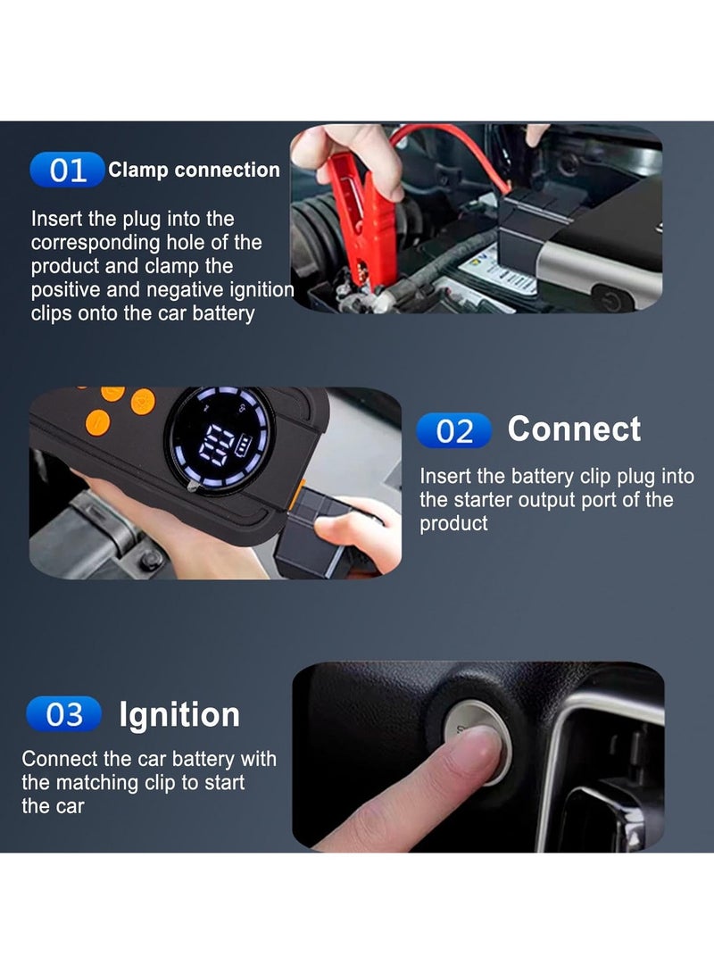 شاحن محمول مزود بإضاءة LED وحزمة طاقة 14.8 فولت لشحن السيارات والدراجات النارية والدراجات الكهربائية - حزمة بطارية خفيفة الوزن وسريعة النفخ لشحن السيارات والدراجات النارية والدراجات الكهربائية