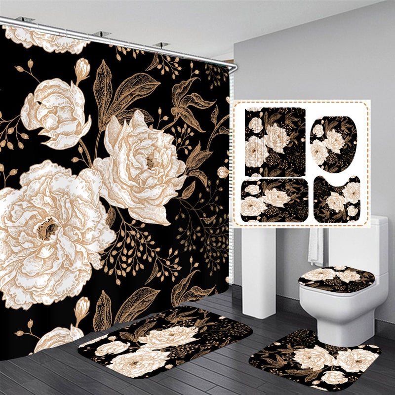4PCS Rose Gold Flower Leaves Bathroom Set with Shower Curtain and Rugs Botanical Floral Shower Curtain Sets with Rugs for Bathroom Decor Durable Black Shower Curtain for Bathroom Set