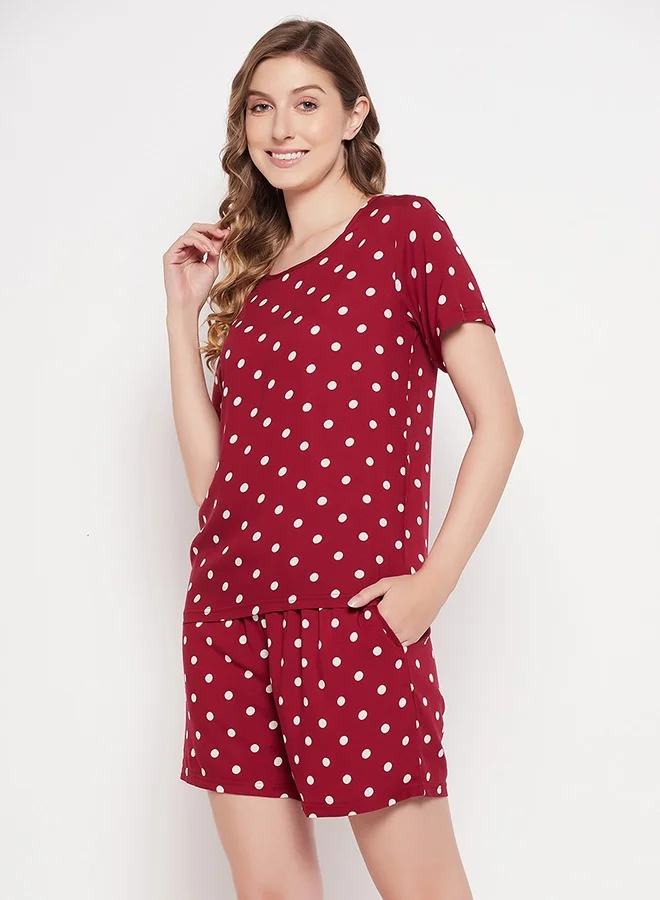 Clovia Clovia Polka Dot Print Top & Shorts in Maroon - Rayon