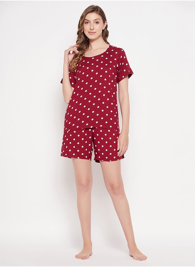 Clovia Polka Dot Print Top & Shorts in Maroon - Rayon - pzsku/ZCFE575B8ADED217C9807Z/45/_/1728986455/5154bf90-882a-424a-8421-8878952c25fa