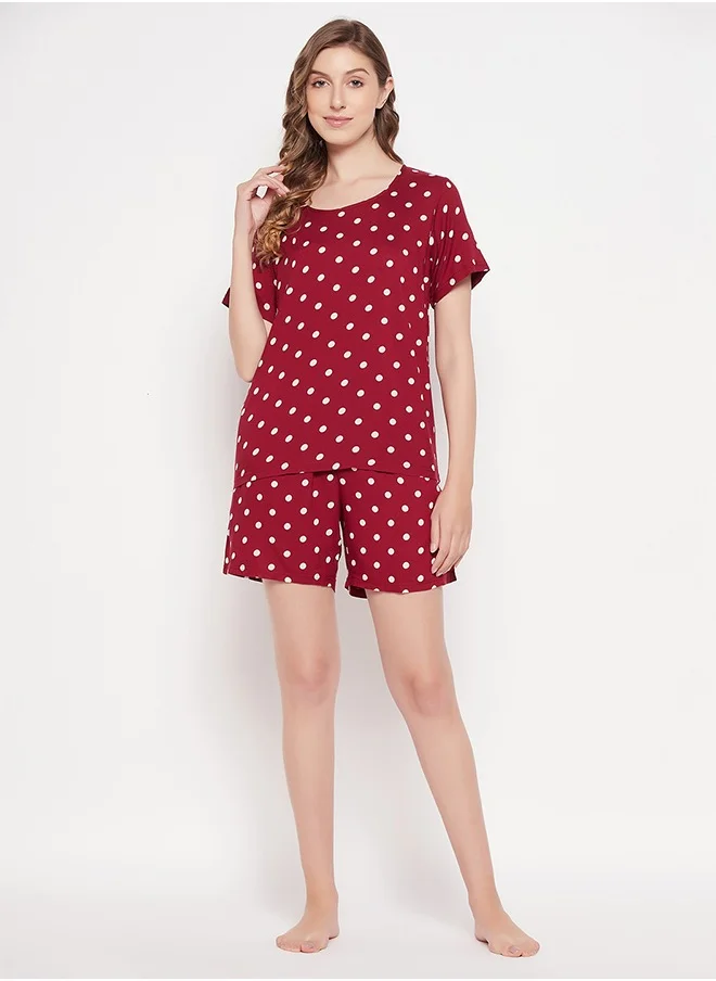 Clovia Clovia Polka Dot Print Top & Shorts in Maroon - Rayon