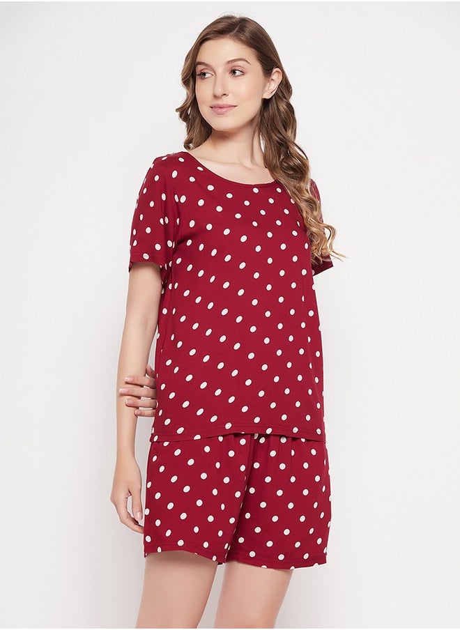 Clovia Polka Dot Print Top & Shorts in Maroon - Rayon - pzsku/ZCFE575B8ADED217C9807Z/45/_/1728986496/20498681-babf-401b-9d44-07f8523e931e