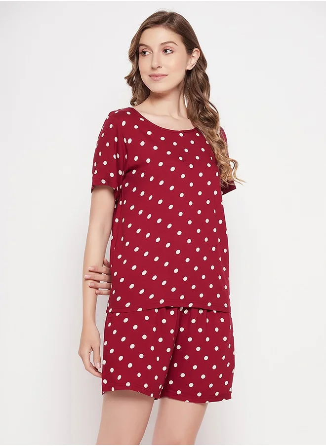 Clovia Clovia Polka Dot Print Top & Shorts in Maroon - Rayon
