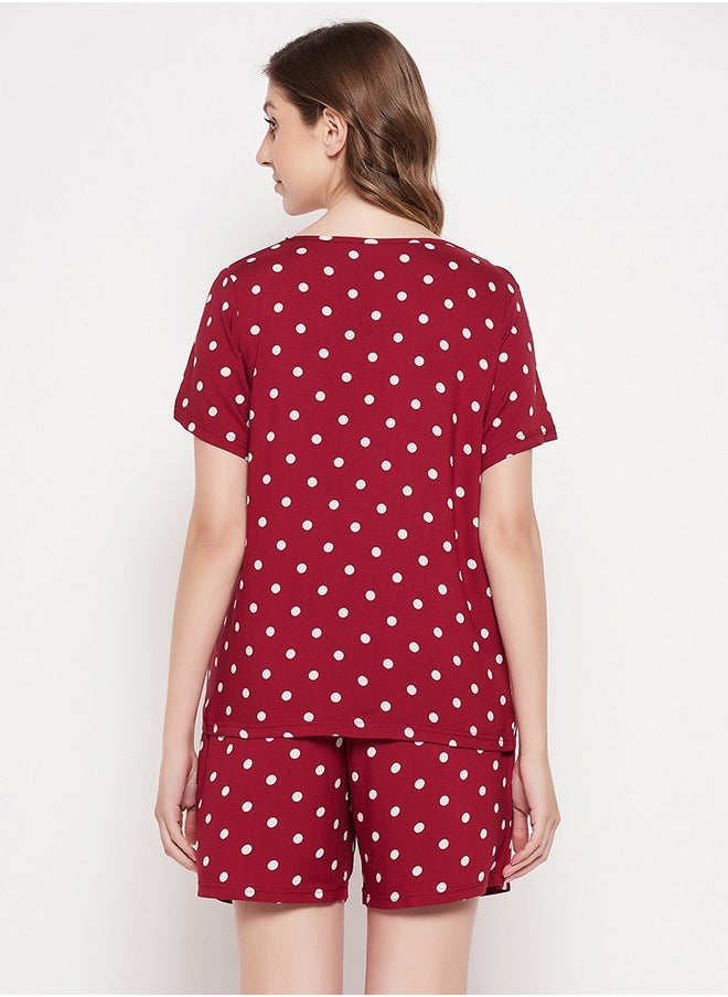 Clovia Polka Dot Print Top & Shorts in Maroon - Rayon - pzsku/ZCFE575B8ADED217C9807Z/45/_/1728986516/fbef8ff4-06aa-4daf-9cb1-9c9662668281